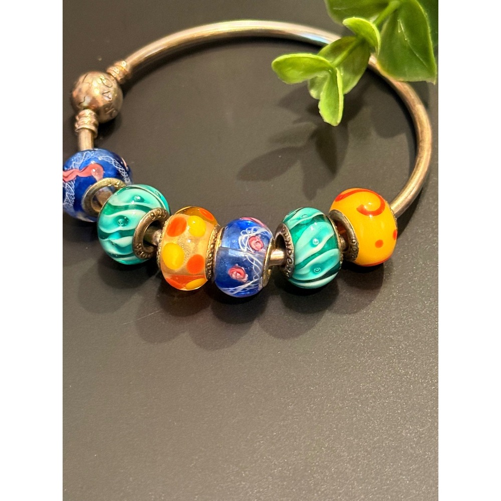 Pandora Sterling Silver Bangle Bracelet with 6 Colorful Glass Charms - Picture 6 of 8